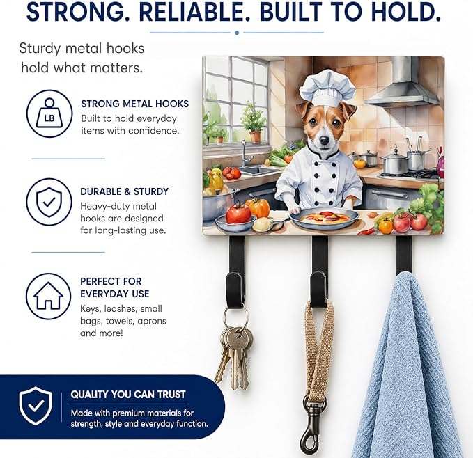 Caroline's Treasures Jack Russell Terrier The Chef Leash or Key Holder Wall Hooks, Key Hooks Holder, Coat Rack Wall Mount, Coat Hooks, Hooks for Hanging Keys, Towels, Aprons, Leashes | Jack Russell Terrier The Chef artwork on ceramic tile with three st...