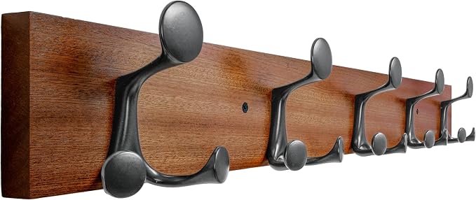 SKOLOO 24-Inch Wood Coat Rack Wall Mount with 5 Triple Hooks - Ideal for Family Entrances, Classrooms, and Pet Supplies Storage - Perfect Coat Hooks for Wall,Mahogany (Sapele)