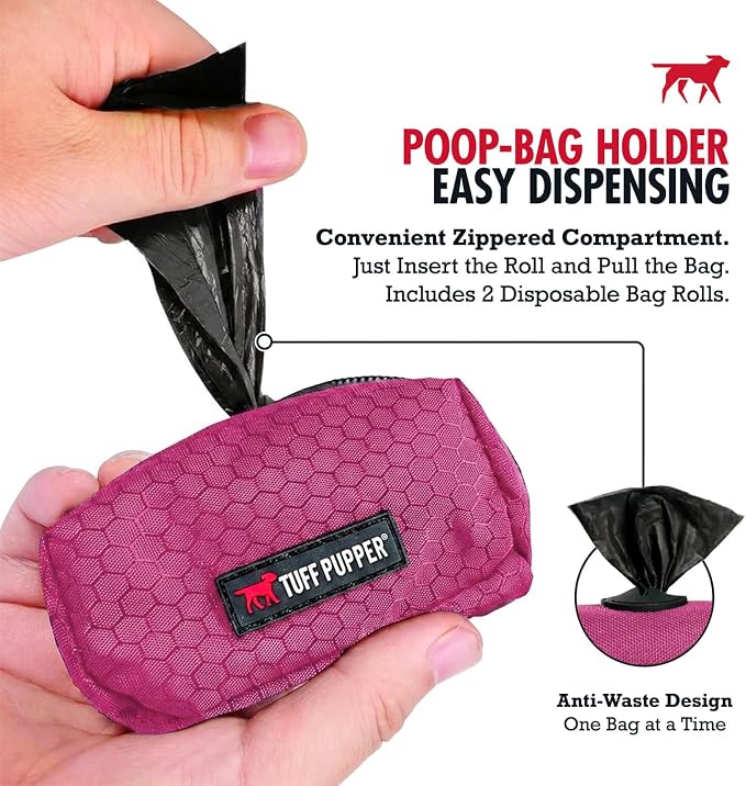 Tuff Pupper Dog Poop Bag Holder | Works with Any Dog Leash | Zippered Waste Bag Dispenser | Waterproof with Rust-Proof Clip | Convenient Lightweight Design | Includes 2 Rolls of Leak-Proof Bags