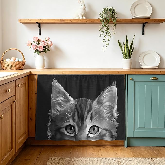 Black Cat Cabinet Curtain 28"Wx35"L, Dustproof Under Sink Skirt with Self Adhesive Tape, Cute Pets Eyes Fur Vintage Oil Painting Cabinet Curtain Cover for Bathroom Vanity, Kitchen Sink, Laundry Room