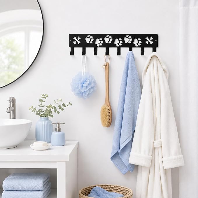 Dog Leash Holder for Wall Dog Decor Key Hangers Organizers, 1Pc | 11.8x2.75in Leash Holder for Wall Key Rack Iron Paw Design Screw Anchors Mounts for Entryway Hallway Storage