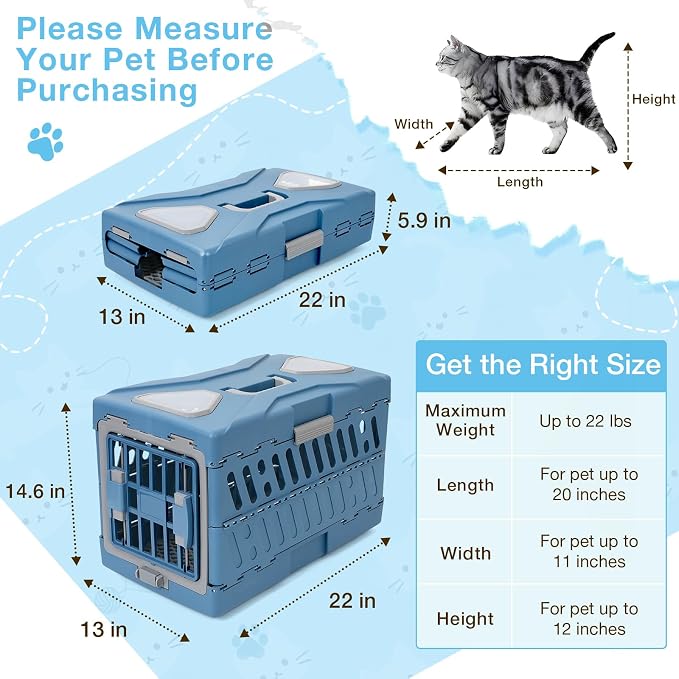 Pet Carrier for Cats & Small Dogs, Foldable Hard Cat Carrier | 2-Door Safety Lock, 360° Fully Breathable, Visible Windows, Washable Home & Outdoor Pet Travel Kennel, Up to 22Lbs