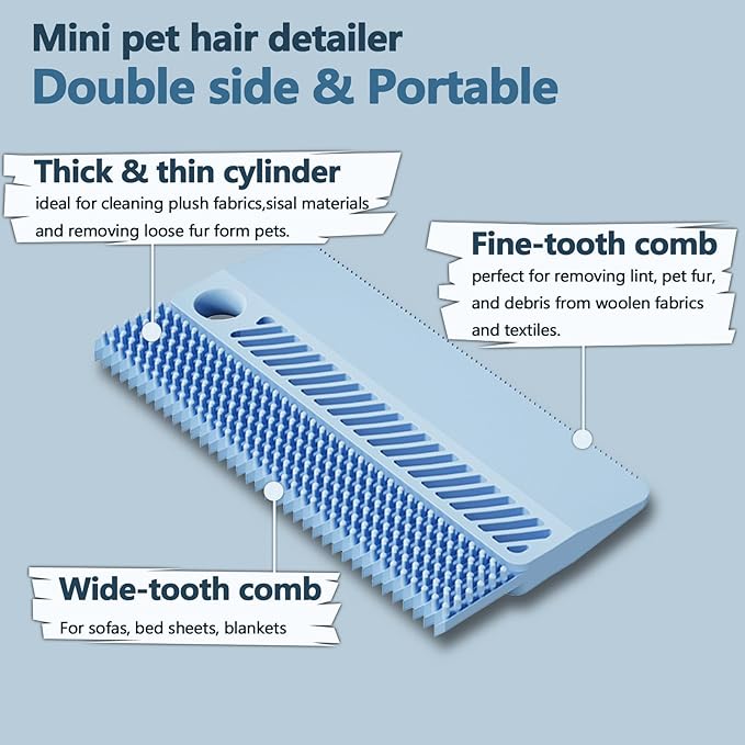 Self-Cleaning Cat Shedding Grooming Brush for Small Dog Pet Short Hair Remover Set Reusable Lint Removal Tool Carpet Scraper for Clothes Couch Bedding Furniture Car Blue