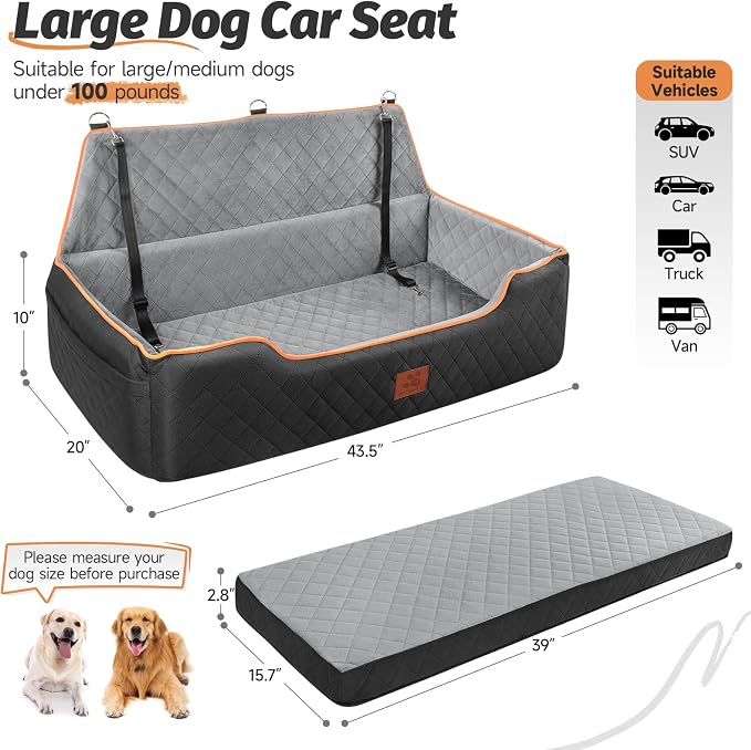 XIEEAOZEE Large Dog Car Seat for Pets Under 100 lbs, Backseat Dog Car Bed | Washable Pet Booster Seat for 2 Medium Dogs, Pet Travel Seat with Storage Pockets, Safety Belts