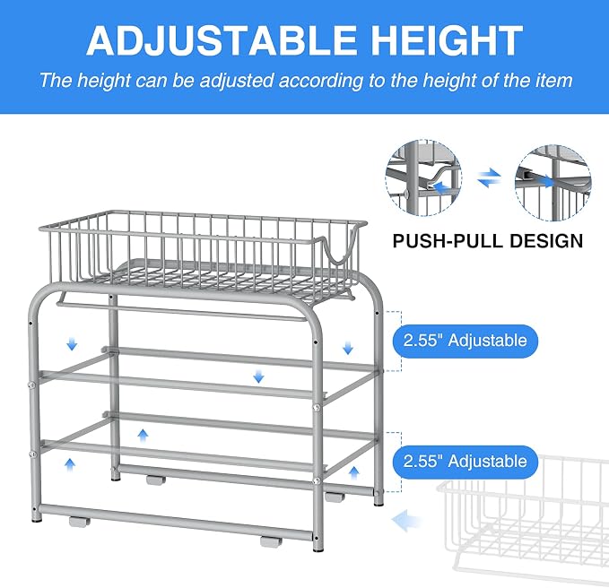 2-Tier Pull Out Organizer Under Sink Sliding Cabinet Rack,Sliver | Stackable sliding basket metal organizer with adjustable height and anti slip pad. Ideal for under sink or cabinet storage.