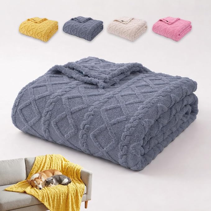 Emotional Support Blanket Yellow for Dogs, Soft Plush Polyester Dog Blanket with Cable Knit Pattern, Blanket for Couch, Bed, Crate, Car, Machine Washable (Gray-Blue, 150 * 200cm/59.05 * 78.74in)