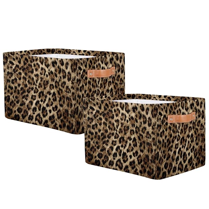 SEULIFE Animal Tiger Leopard Skin Print Foldable Storage Basket, Large Collapsible Organizer Storage Bin Cube Toys Storage Boxes with Handles for Bathroom Kids Nursery Closet Storage, 2 Pack