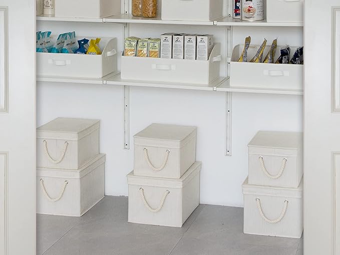 StorageWorks Storage Bins with Lids, Decorative Storage Boxes with Soft Rope Handles, Foldable Stackable Storage Baskets for Closet, Shelves, 3-Pack, Ivory and White, Jumbo