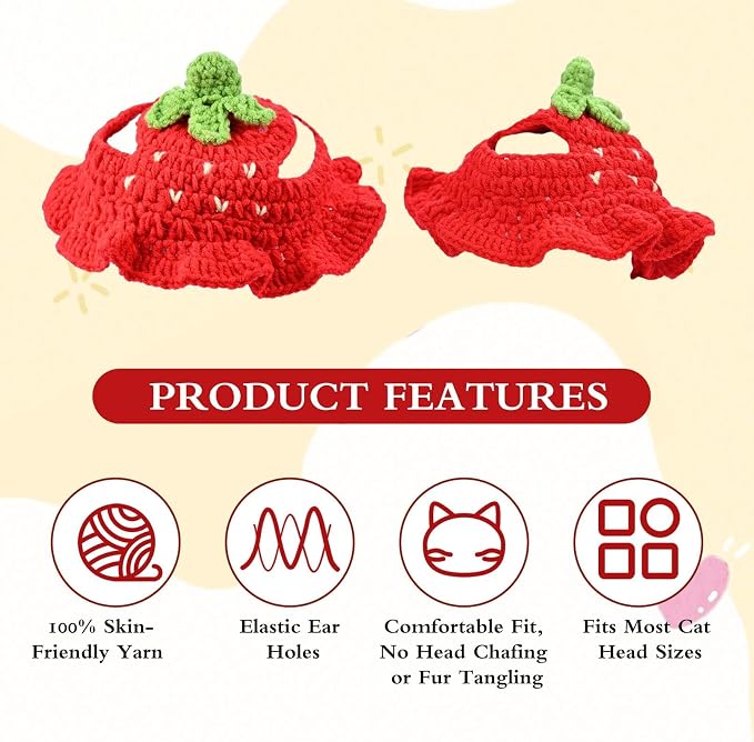 Strawberry Cat Hat, Cotton & Soft Cute Knitted Hats for Cats Birthday Party Christmas Puppy Hat for Small Pets (Red, M)