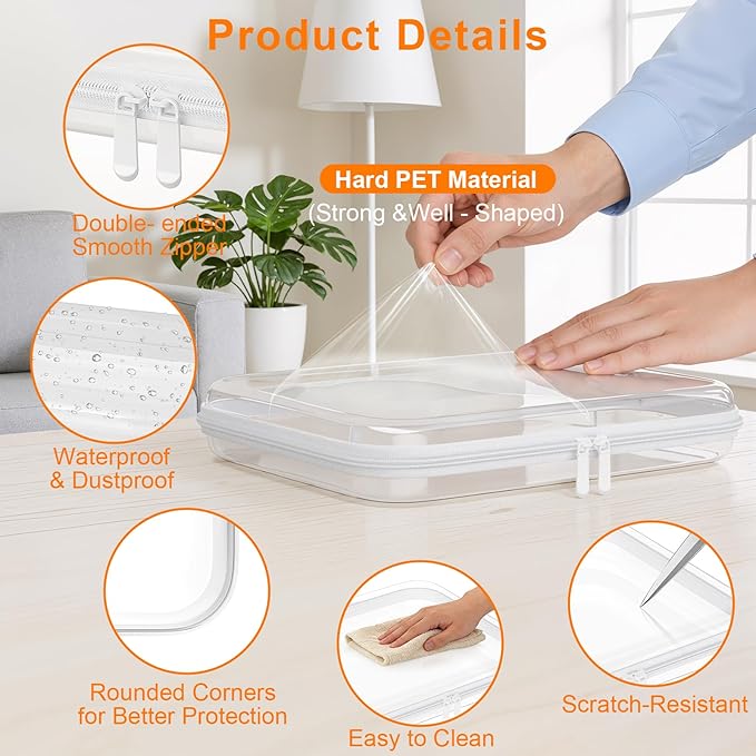 3PCS Clear Hard Shell Zipper Case Large14*12*2in,Travel Toiletry Makeup Bag | PET Hard Clear Zipper Pouches,Crush-Proof Waterproof Cosmetic Bag Organizer for Travel,Home Storage Box,Daily Essentials,3L