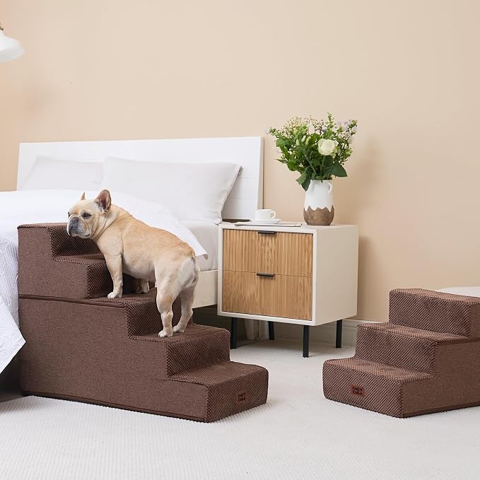 EHEYCIGA Dog Stairs for High Bed 22.5" H, 5-Step Extra Wide Dog Steps for Bed, Pet Steps for Small Dogs and Cats, Non-Slip Balanced Pet Ramp Indoor, Brown