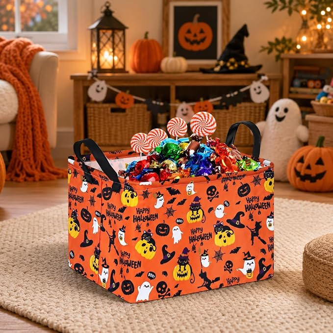 Halloween Pumpkin Ghost Storage Basket, Black Cat Spider Toy Organizer