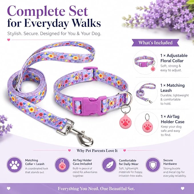 Floral Matching Dog Collar and Leash Set with AirTag Holder-Purple Daisy/S | Anti-Lost,Adjustable Durable Pet Collar Leash Combo for Small Boy Girl Dogs,for Outdoor Walking Hiking Training Running