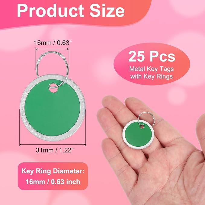 PATIKIL 1.2 Inch Metal Rim Key Tags 25 Pack Blank Round Paper Tags Bulk Writable Keychain Identifiers with Split Rings for Car Door Drawer Key Luggage Pet, Green