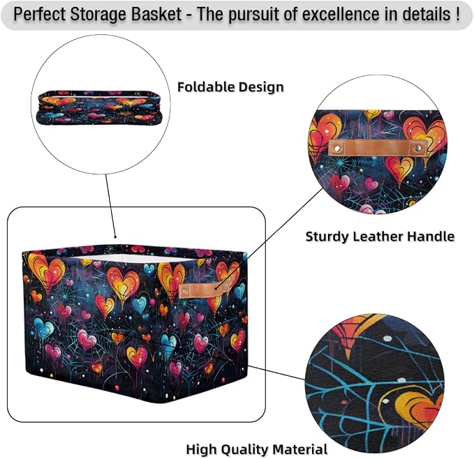 Storage Baskets for Shelves, Fabric Storage Cubes Closet Organizers and Storage Bins with Handles Home Organization, 15x11x9.5 inch(Fluorescent Spider Web Love)