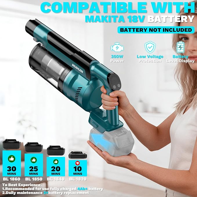 Cordless Vacuum Cleaner compatible with Makita 18V Battery, 8-in-1 Stick Vacuum with Pet Brush, 35KPA Suction, 350W Brushless Motor, Smart Touchscreen, for Carpet Floor Car (Battery Not Included)