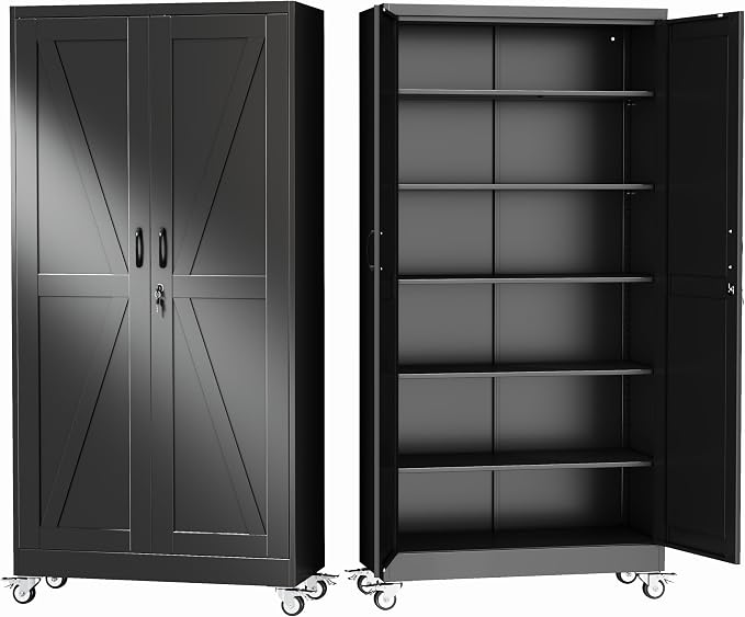GAIOUS 73.6" Tall Metal Storage Cabinet with Lock and Wheels, File Cabinet | for Home Office, Garage Storage Cabinets with 2 Door and 5 Adjustable Shelves, Rolling Tool Cabinet, Utility Cabinet, Black