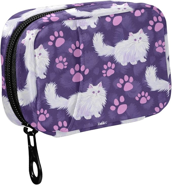 Fustylead Cute Angora Cat and Purple Paw Prints on Purple Background Travel Pill Organizer Case Zipper for Purse with Removable Weekly Pill Box for Medicine, Vitamin, Supplement Medicine Organizer