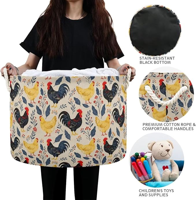 Chicken Rooster Collapsible Round Storage Basket with Handles | Hen Flower Print Large Laundry Baskets Hamper, Clothes Organizer Bin for Nursery Bedroom Living Room Decor, 20x 20x 14 Inches