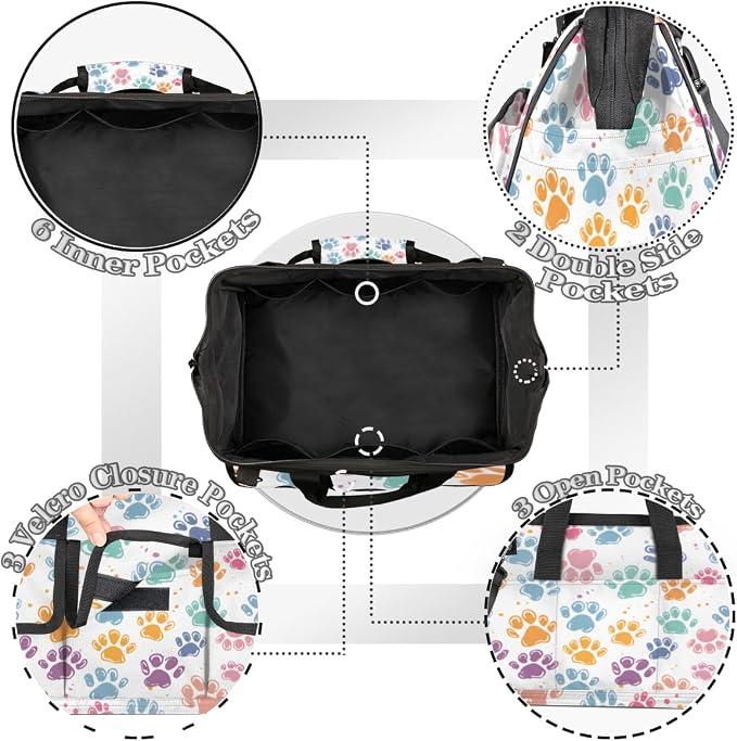 Cat Dog Paw Print Tool Bags for Men Women Multi-Pockets Wide Mouth Tool Organizer Storage Tote Bag Waterproof Stroage Bags with Adjustabe Shoulder Straper for Car Electrician Garden