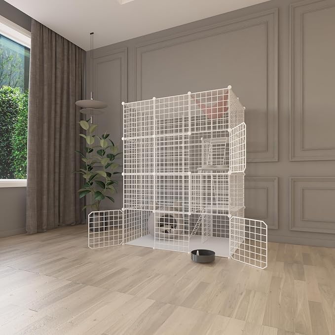 Indoor Cat Cage Enclosure DIY,Cat Playpen Catio Thick Metal Wire Kennels for 1-3 Cats Kitten Cage Detachable Patio Cat Crate (White, 41" L x 28" W x 55" H)