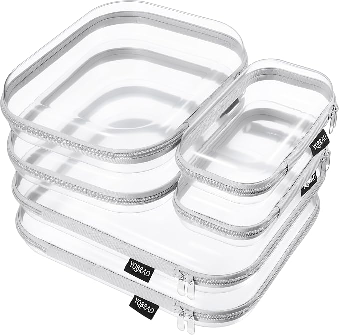 YQBRAO Clear Hard Shell Zipper Cases, 6 Multi-Size Organizers, Grey | Rigid clear shells in three practical sizes organize toiletries, cosmetics, cables, stationery and household essentials