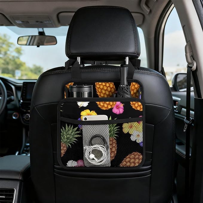 Car Seat Back Hanging Bag Backseat Organizer with Adjustable Buckle, | Tropical Plants Pineapple Funny Floral, Automotive Interior Storage Pouch PU Leather, Universal Fit for Vehicle Truck