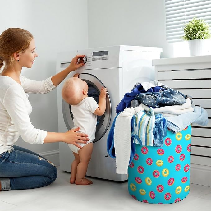 Large Laundry Hamper with Handles Donut Food Pattern, Collapsible Waterproof Basket for Clothing, Toys, and Home Storage Needs