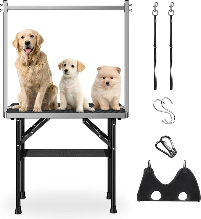 Dog Grooming Table with Arm, Hammock, Nooses, 35.5"L×23.6"W Tabletop | 30" H Foldable Heavy Duty Pet Grooming Station | Non-Slip Waterproof Tabletop | 33.5" H Adjustable Stainless H-Frame Arm