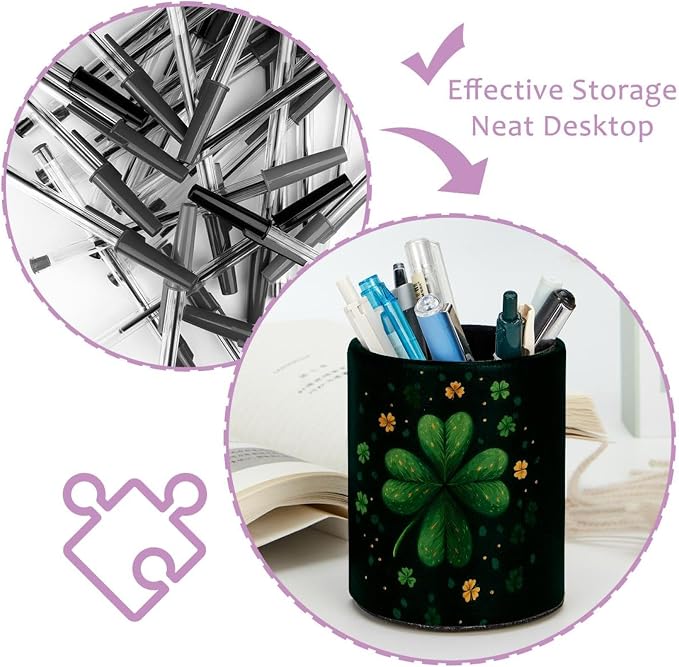 Faux Leather Pen Holder for Desk, Pencil Organizer Cute Clover Pen Cup Desk Decor Makeup Brush Holder Storage for Office Home