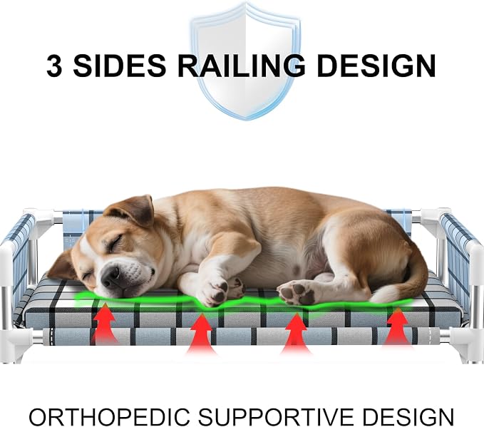 Elevated Dog Bed with with Guardrail & Cushion, Raised 3-Fence Dog Bed | Breathable Lifted Stainless Steel Frame Dog Hammock Bed with Mat for Medium Pets, Cooling Washable Dog Cot