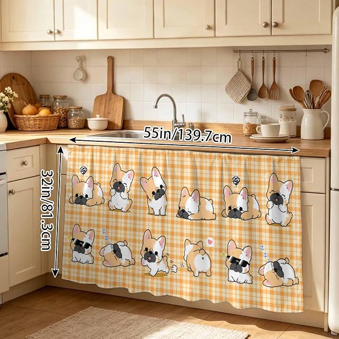 Cute Puppy Sink Skirt for Bathroom, Self-Adhesive Under Sink Curtain, Orange Beige Plaid Modern Funny Dogs Pet Hide Pipes & Storage Fabric Cabinet Skirt Cover for Kitchen Laundry 32"x55"