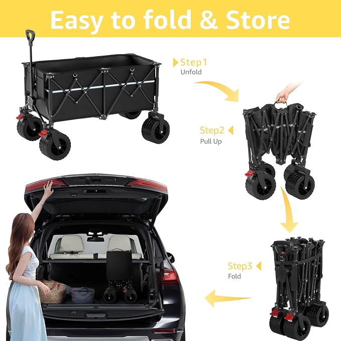 ROSONG Collapsible Wagon Cart with Wheels Foldable - Folding Utility Heavy Duty Wagons Carts for Grocery Sports Garden Shopping Camping Wheelbarrows (Black, 260L)