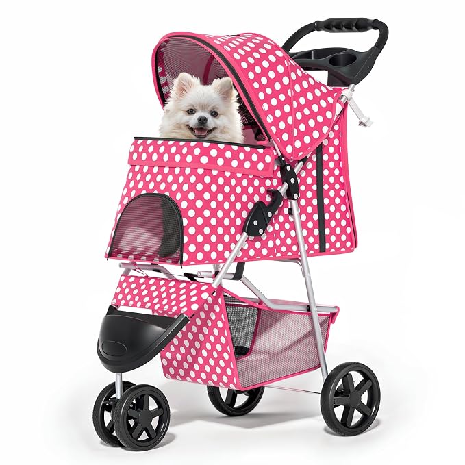 MoNiBloom Pet Stroller for Small/Medium Dogs and Cats, Hot Pink Polka Dots | Foldable Dog Stroller 3 Wheels Pet Strolling Cart w/ Storage Basket Cup Holder, Breathable and Visible Mesh for All-Season
