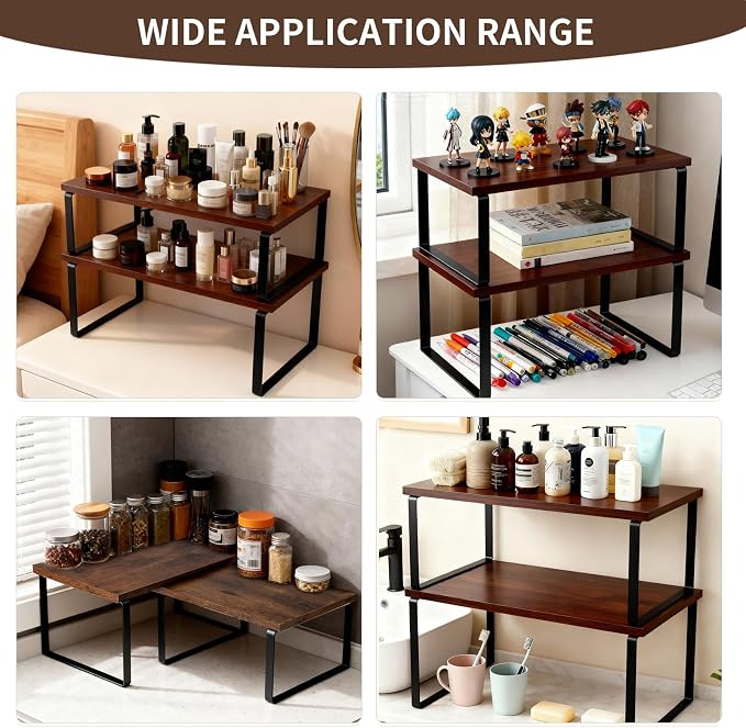 2 Pack Expandable Cabinet Shelf, Wood & Metal (Brown) | 2pack expandable cabinet shelf organizer 11.8-23.2 wood&metal 35lbs brown kitchen pantry spice rack stackable