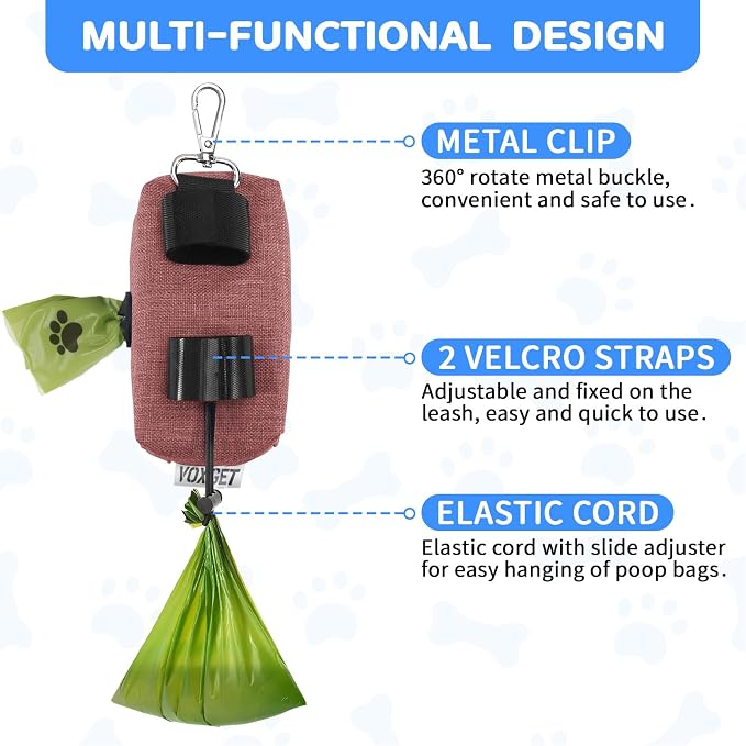 Dog Poop Bag Holder with Treat Pouch, 2 Zipper Pockets & Leash Clip | Waste Bag Dispenser with 1 Roll Poop Bags, Quick Access Treat Storage, Hands-Free Design for Dog Walking, Training & Travel