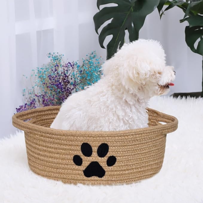ABenkle Small Woven Basket with Handle, Cute Dog Baskets for Gifts Empty, Decorative Rope Woven Storage Dog Toy Basket, Nursery Baskets for Baby Shower, 12" x 8" x 5"