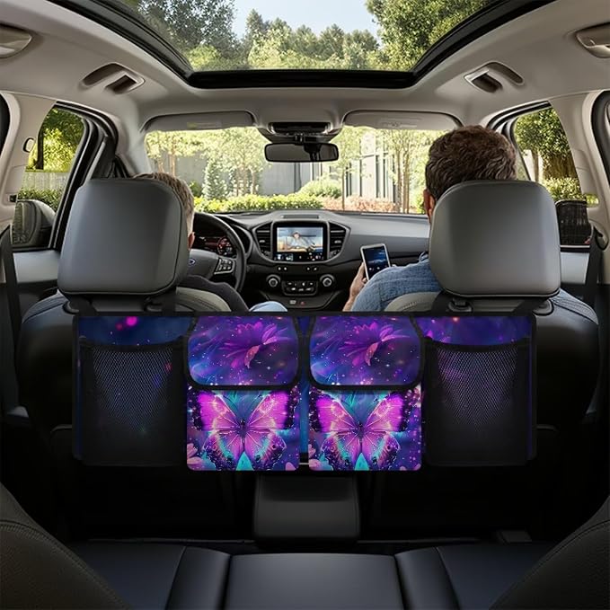Dreaweet Purple Butterfly Trunk Organizer for Car Women,Large Capacity Car Backseat Hanging Organizer for SUV,Van,Car,Cargo Storage Collapsible with 4 Pockets Adjustable Straps