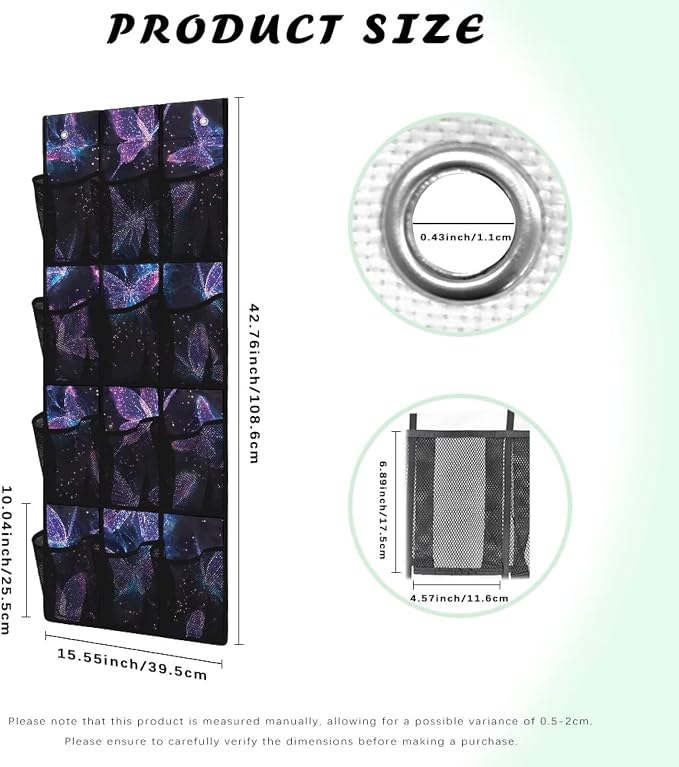 Shoe Organizer Door Hanger,Dreamy Butterfly Design Storage for Small Spaces,Over the Door Shoe Organizer with 12 Mesh Large Pockets Waterproof Reusable