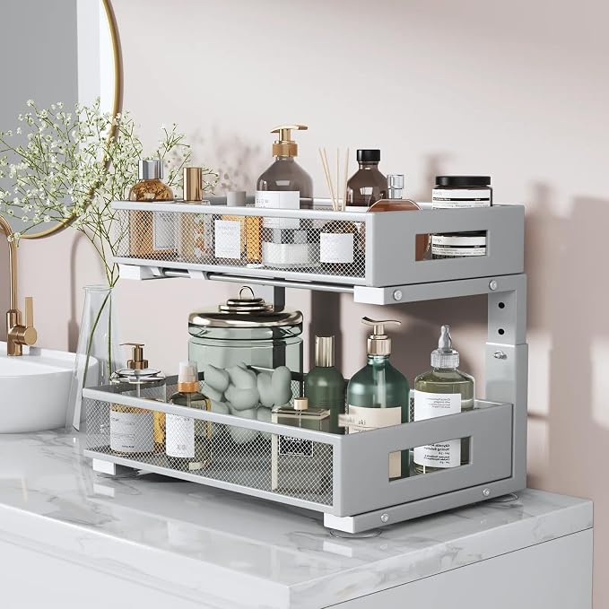 2 Packs 17IN Depth Under Sink Organizer, 2-Tier Pull Out Cabinet Organizer With Smooth Circular Rail, Large Capacity Metal Mesh Sliding Drawers For Bathroom& Kitchen Storage,Height Adjustable–Gun Gray
