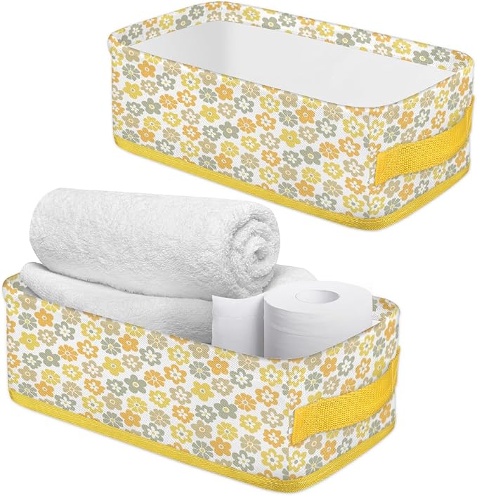 Daisy Fresh Flowers Bathroom Storage Basket, Foldable with Handle Open Countertop Paper Towel Decorative Box, Toilet Tank Top Shelf Baskets for Home Closet Bedroom Living Room Office
