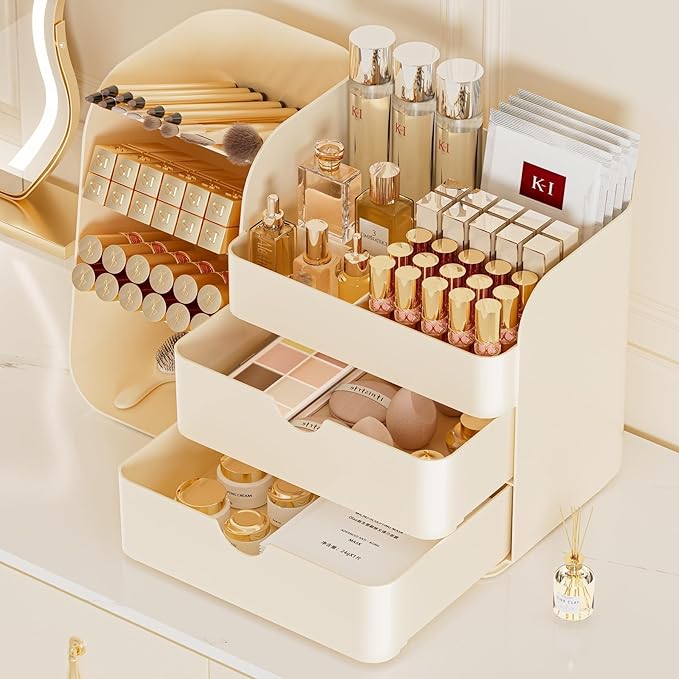 Cute Makeup Organizer Countertop for Vanity Bathroom Organizer, Cream | Beauty Organizers and Storage with Brush Holder and Drawer, Make up Organizer for Perfume Lotions Psticks, Eyeshadow Palettes