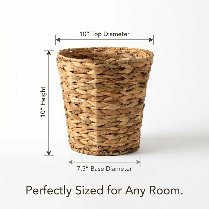 Household Essentials Wicker Waste Basket, Woven Leaf Basket with Wire Frame, Trash Bin or Storage Basket for Bedroom, Bathroom, Office and More