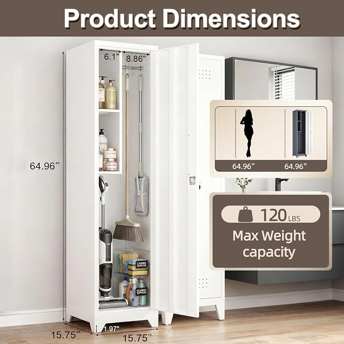 Slim Broom Closet Storage Cabinet, 65" H Metal Cabinets with Lock and Shelves & S-Hooks, Utility Closet, Narrow Storage Cabinets for Home Office, Pantry, Bathroom, Garage, White