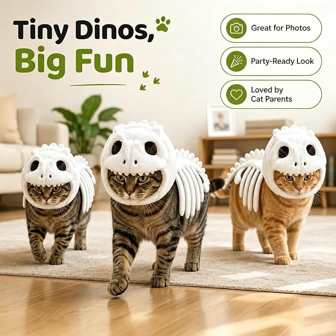 Glow-in-the-Dark Dinosaur Skeleton Cat Costume (L) | Plush Halloween Pet Hood Outfit with Soft Fabric, Easy-On Design, Perfect for Party, Trick-or-Treat & Holiday Photo Fun