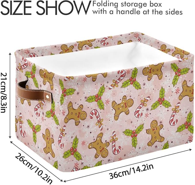 Christmas Gingerbread Man Pink Storage Basket Fabric Kitchen Baskets Candy Cane Poinsettia Winter Open Home Storage Bins Boxes Foldable Organizer Bag for Xmas Decorations Baskets 16×12×8 Inches 2 Pack