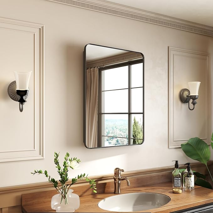 24x32 in Medicine Cabinet with Mirror for Bathroom, Matte Black | Fully Assembled; Recessed or Surface Wall Mount; Metal Cabinet with Tempered Glass Mirror and Two Adjustable Glass Shelves