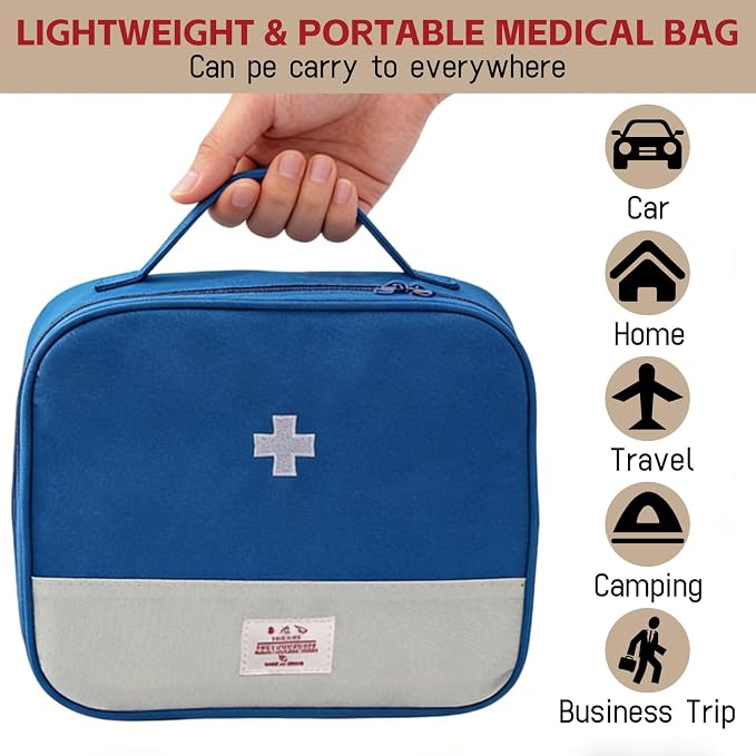 First Aid Bag, Medical Bag Empty, Portable Medicine Bag Organizer for Home Outdoor Camping Hiking Travel (Blue)