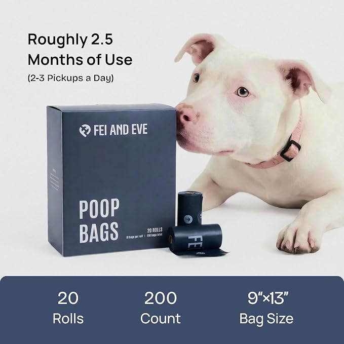 Fei & Eve Dog Poop Bags 20 Rolls, Extra Thick 25 Micron & 100% Leak-Proof | Unscented, Full Blackout & Odor-Locking, Stretch Resistant, Easy to Tear off, Waste Bags