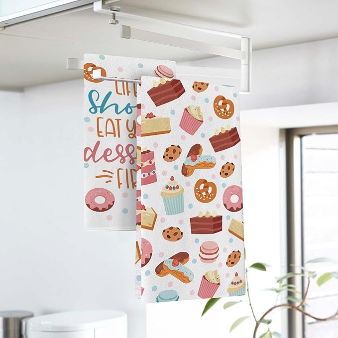 Life is Short Eat Your Dessert First Kitchen Dish Towels Set of 2, Sweet Cupcake Donut Cookie Macaron Drying Hand Towel Baking Cooking Cloth, Colorful Polka Dots Home Decor 18'' x 26''